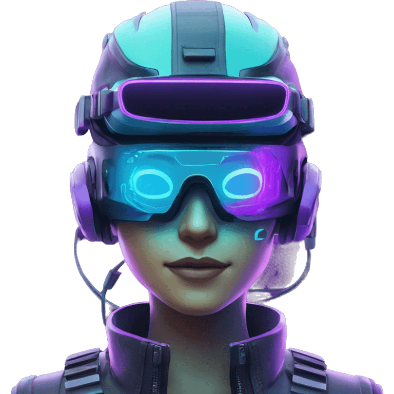 Secret humanoid agent in a futuristic hat with in Apple VR goggles headset code display on the goggles , cyberpunk, cyan and purple colors, only upper body portrait, front facing the camera  emoji