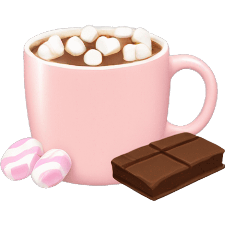 Light pink mug with hot chocolate in it with marshmallows  emoji