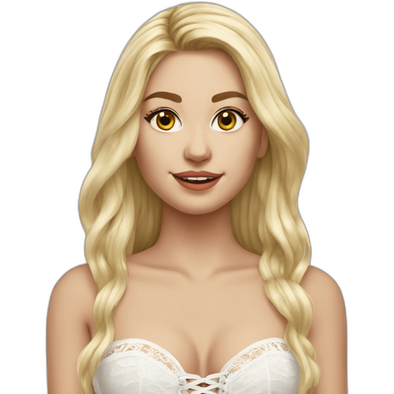 hyperrealistic caucasian blonde female, long straight hair, white lace-up bustier emoji