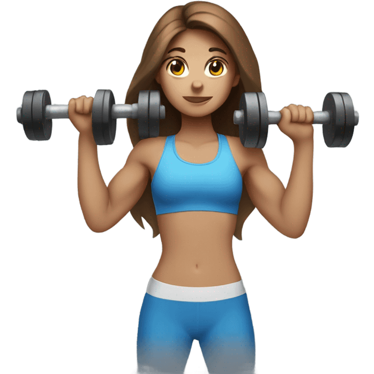 girl with long brown hair,  blue eyes, lifting weights emoji