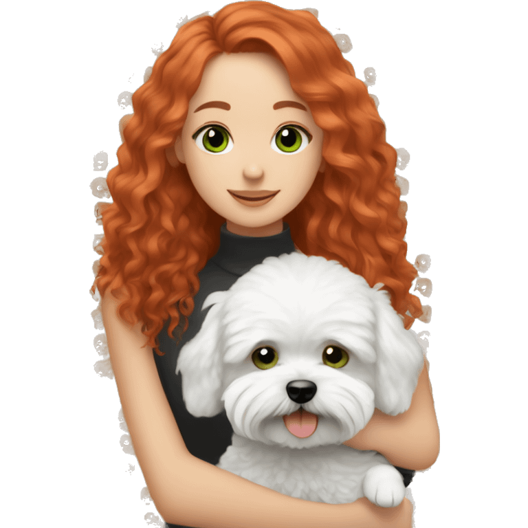 red haired girl with green eyes hugging her black and white Maltipoo dogs emoji