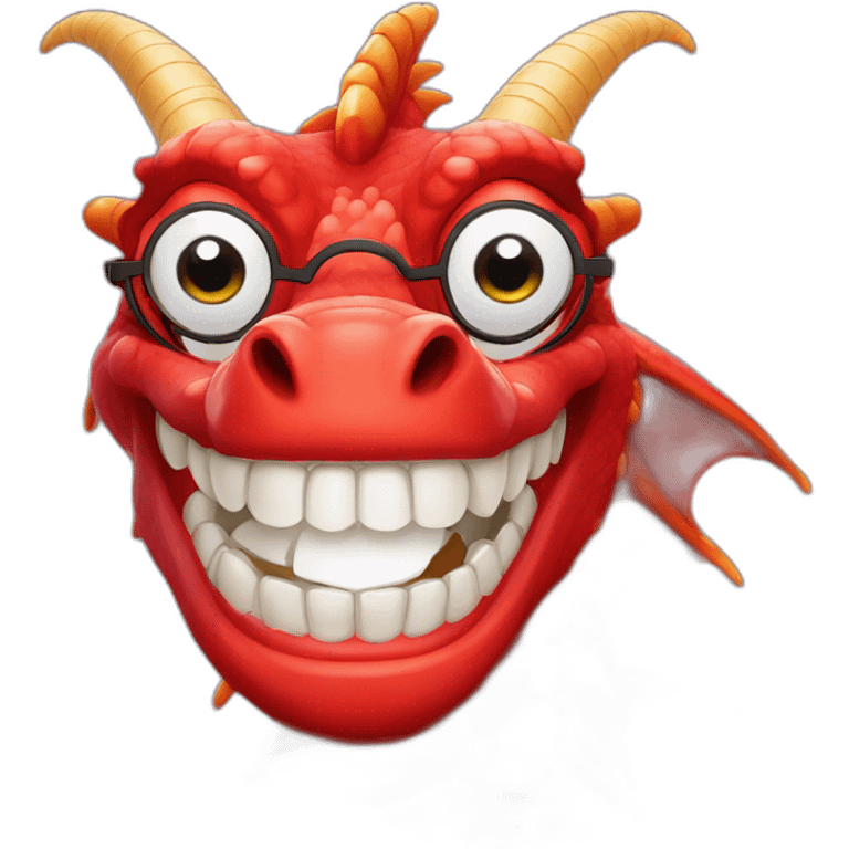 Crazy funny red dragon head with human white teeth and beautiful smile wearing glasses emoji