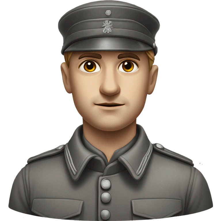 photorealistic 30 years old german soldier the middle of the XX century gray uniform detailed face with wrinkles, closed mouth, small eyes  emoji