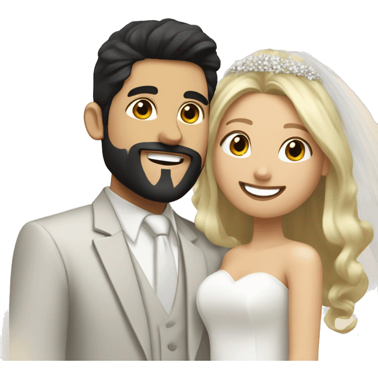 Wedding couple with Handsome middle eastern man with goatee and black hair and big smile with bride who has blonde hair , hair down , and beautiful  emoji