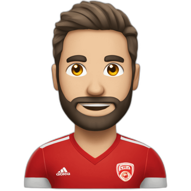 jugador blanco de futbol con barba y camiseta roja chutando a gol emoji