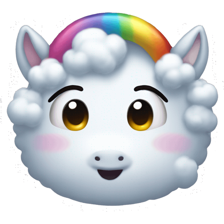 Design an emoji with a cute, cartoonish face, similar to iPhone emojis. Add a fluffy cloud, rainbow, and small unicorn above the head. Keep the style simple and colorful. emoji