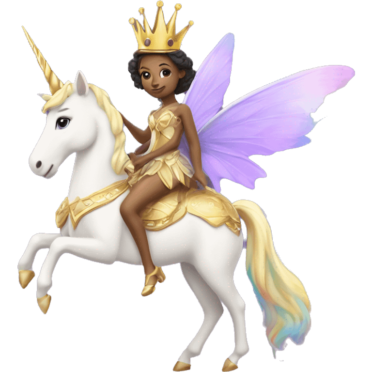 A fairy queen with purple wings and a golden crown riding a rainbow unicorn ￼ emoji