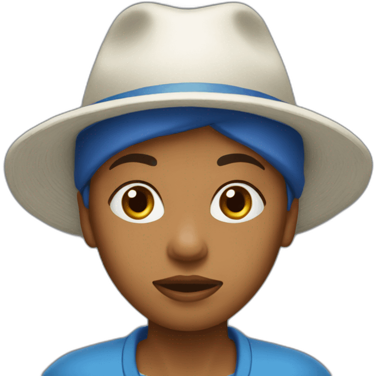 Lesotho woman with white hat, blue clothes, looking confused emoji