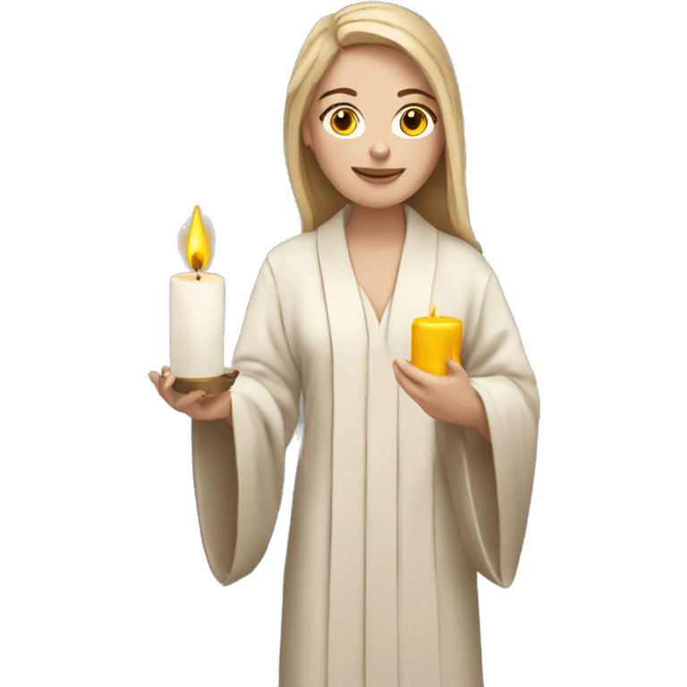 White girl holding candle wearing robe emoji