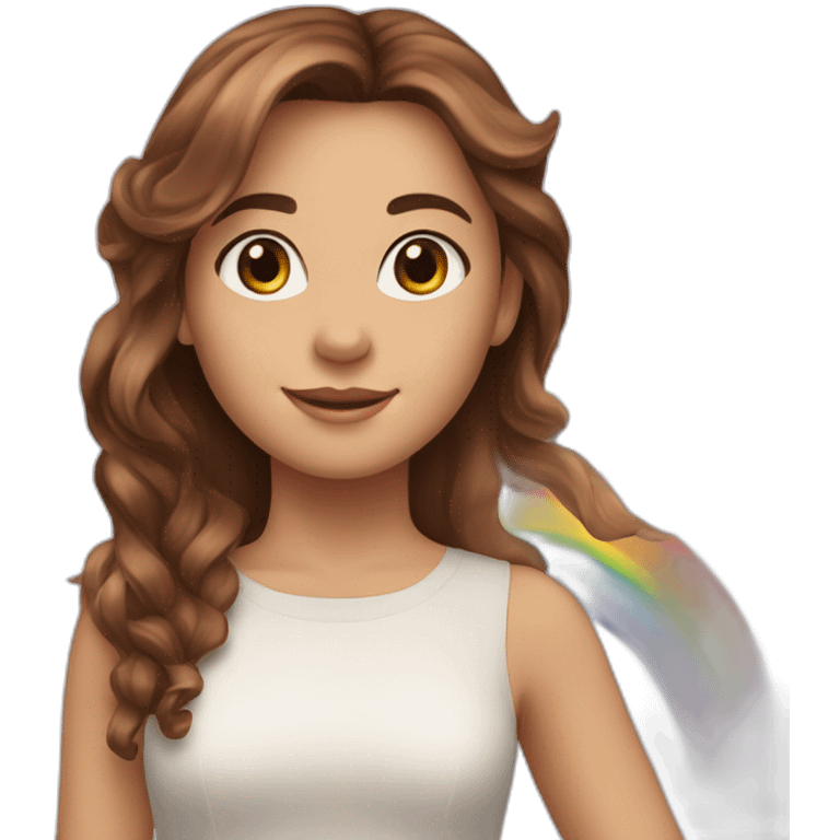 Girl with brown straight hair past shoulders and brown eyes riding a rainbow haired unicorn  emoji