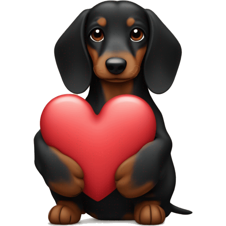 black and brown long haired daschund hugging a heart emoji