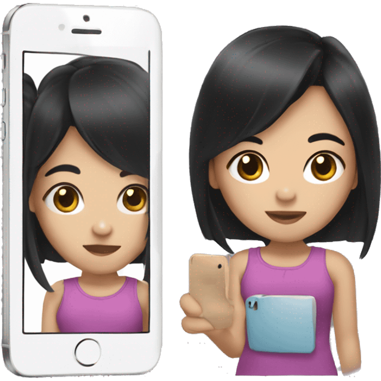 An asian girl with middle dark skin, with black hair an iPhone in the hand emoji