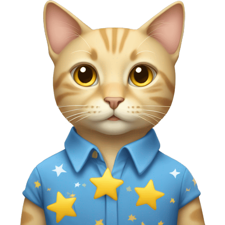 Beige cat wearing a Blue shirt with white stars and yellow emoji