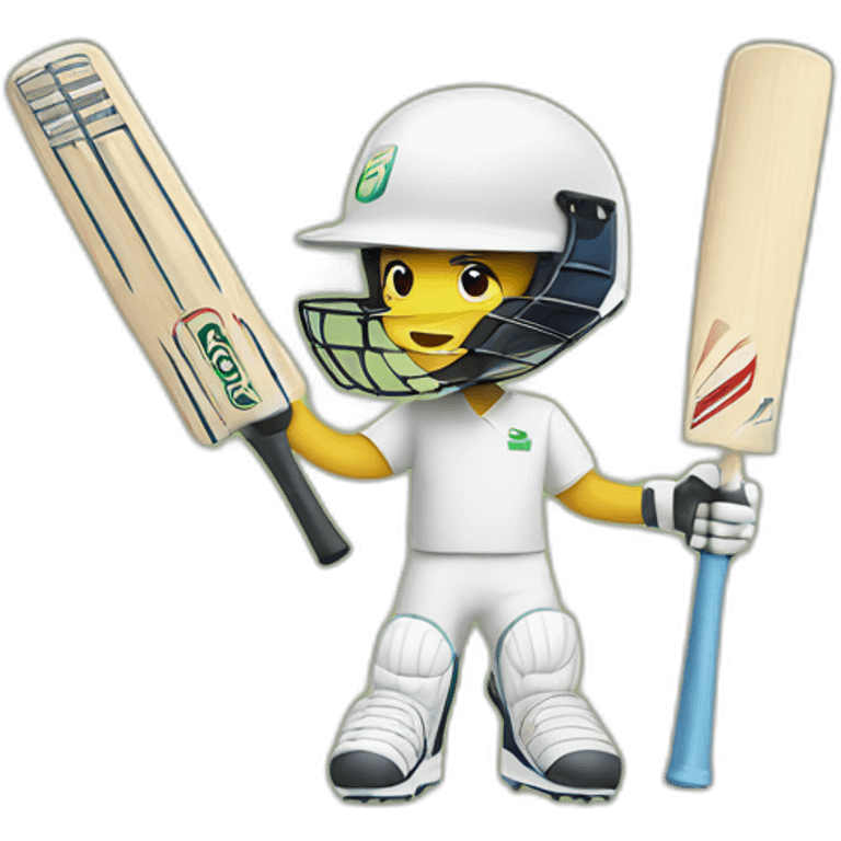 a person holding a cricket bat on one hand, and a laptop on the other hand. Also, wearing a cricket helmet, and a cool pair of shoes emoji