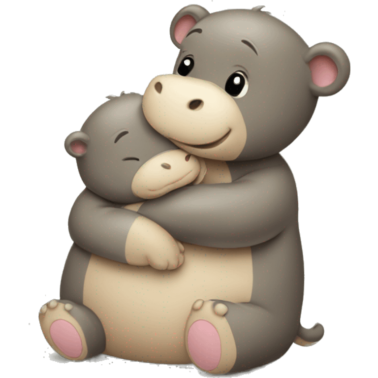 tan teddy bear hugging a baby hippo emoji