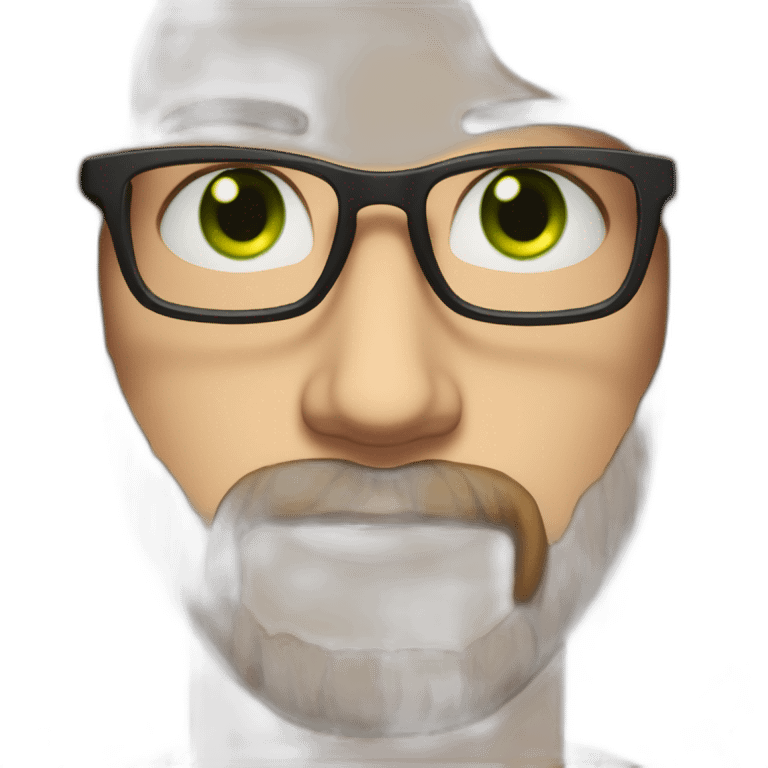 A serious and young guy with long, slightly wavy brown hair, green eyes, fairly thin black glasses and a fairly thin and small beard emoji