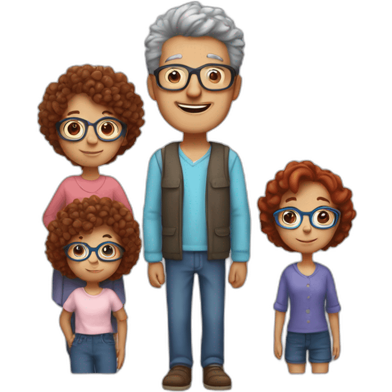 family of four father with gray hair mother with red curly hair and blue glasses son with brown hair and little daughter with curly brown hair emoji