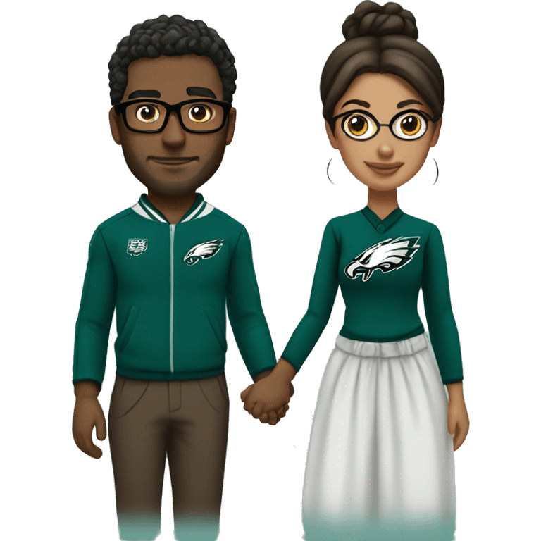 Brown guy and brown girl with glasses and hair in a bun in Philadelphia eagles clothes holding hands emoji