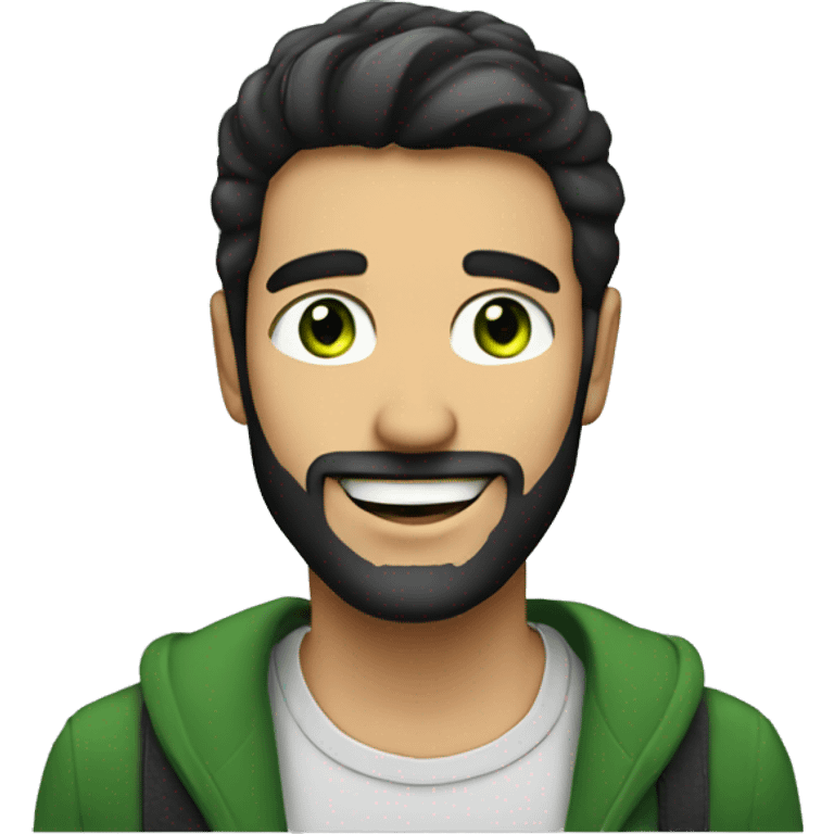 nice man with green eyes, black hair, beard and smiling emoji