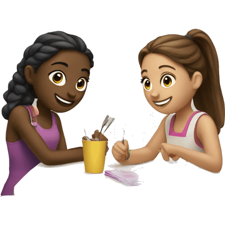 Two girls at a table chatting and crafting  emoji