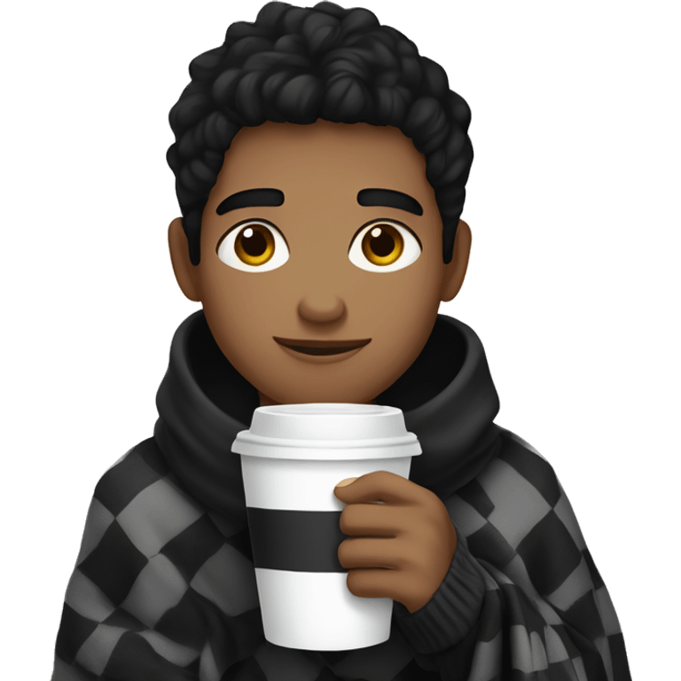 boy wearing black sweatshirt, black hair, hazel eyes, checkered black and white blanket , holding a coffee emoji