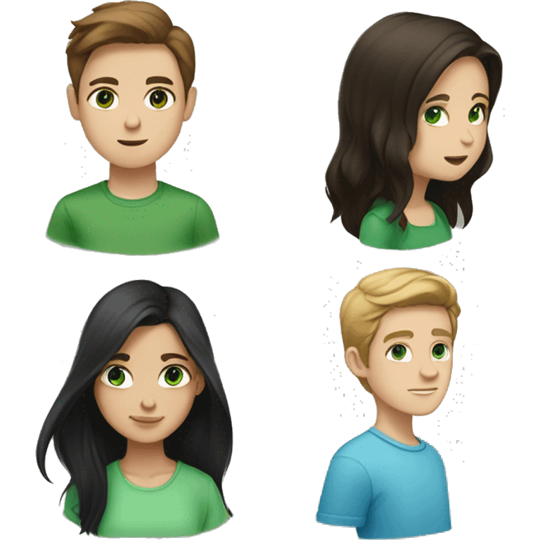 Boy with brown hair, white skin, and green eyes wearing a blue shirt. Girl with long black hair, brown eyes, and white skin wearing a green shirt. emoji