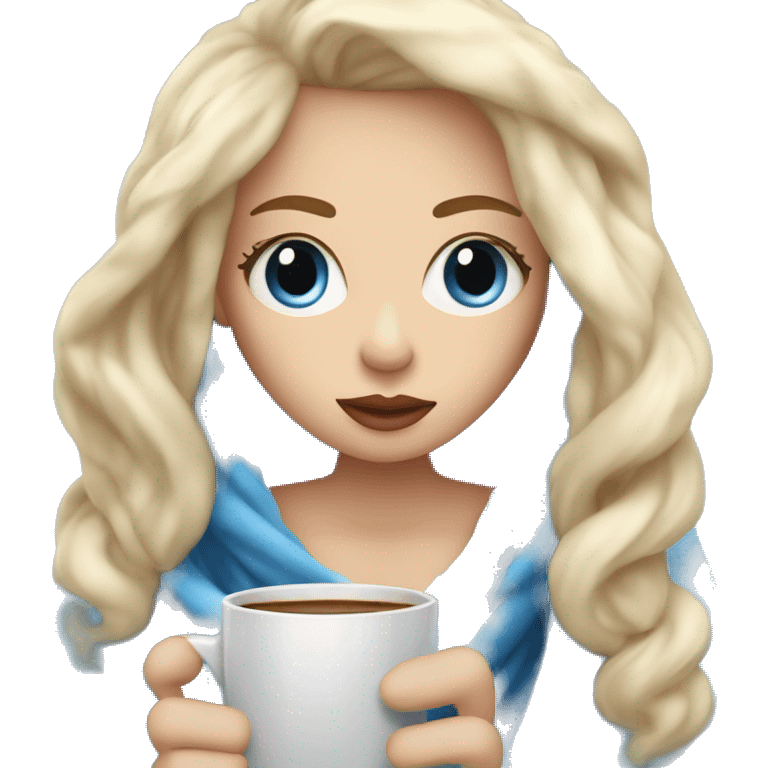 Blonde girl inside a blanket sipping coffee blue eyes open, big lips and cold blond hair   emoji