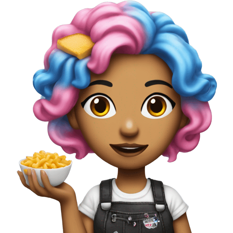 Punk girl with blue and pink hair puts ketchup on Mac n cheese emoji