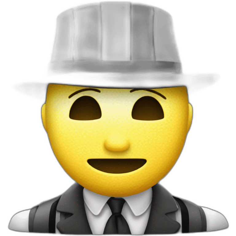 A man with a bag of money, in striped clothes and his eyes are closed with a black bandage, and on top is a black hat emoji