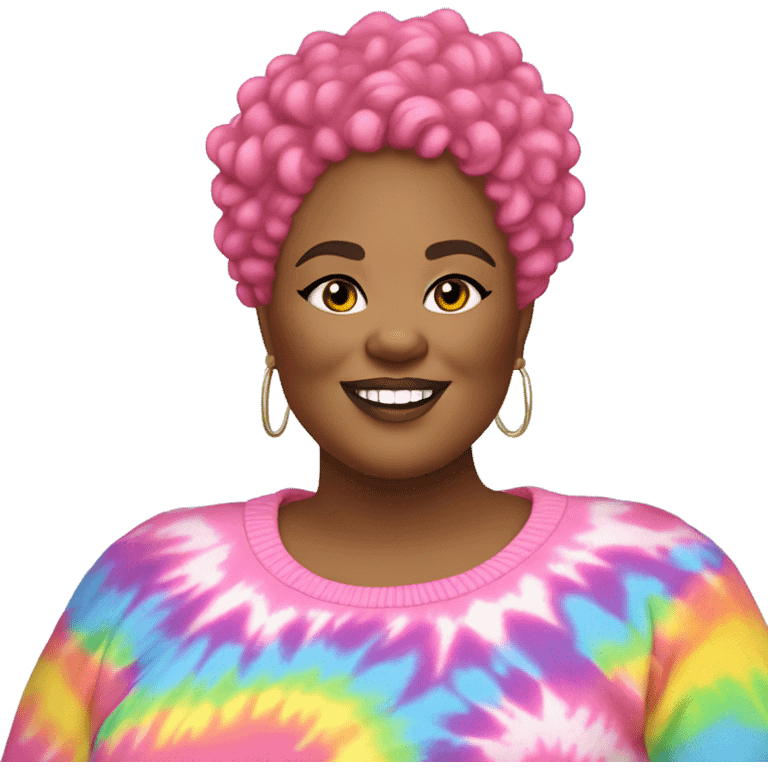 Plus size black woman with pink curly pixie cut hair and a rainbow tie dye sweater  emoji