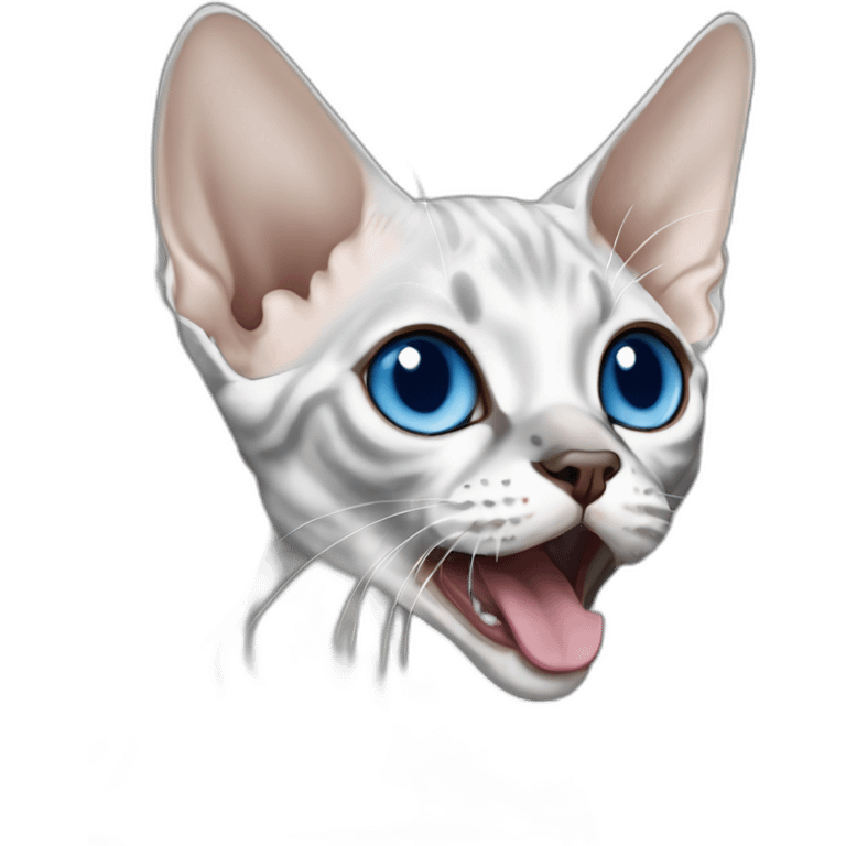 grey Devon Rex cat with blue eye open mouth emoji