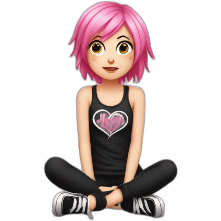 full body Front view curvy emo girl pink hair sits on the floor straight view hands up черная юбка белые трусики рваные полосатые чулки emoji