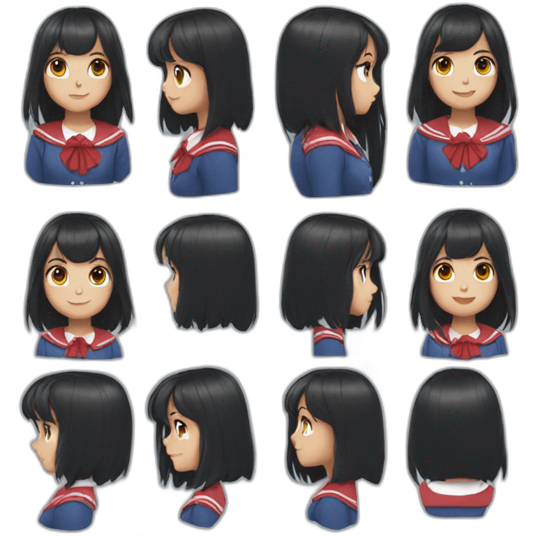 girl with long black hair, thick bangs, blue eyes, red school uniform emoji