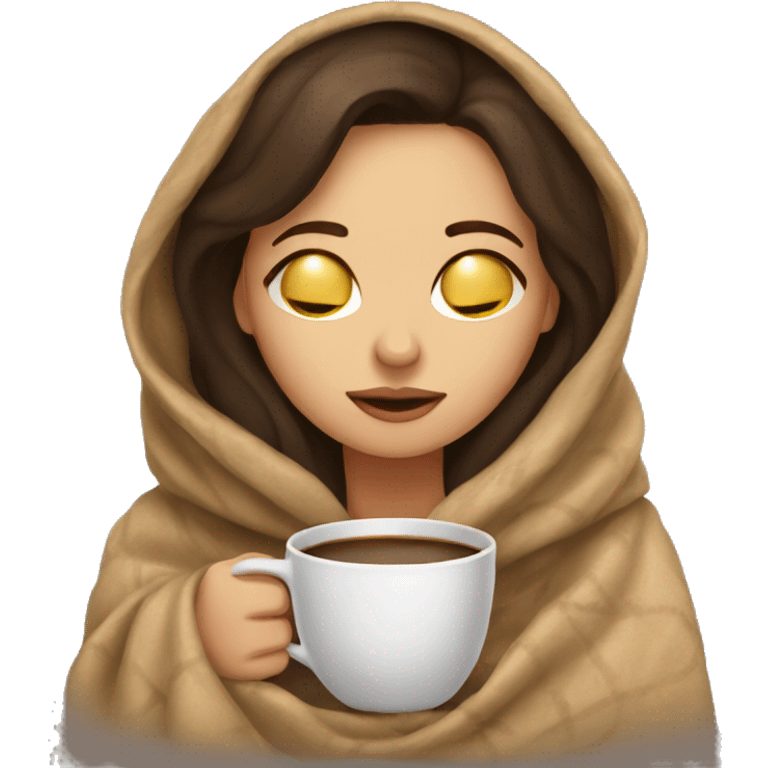 Brunette girl inside a blanket sipping coffee eyes closed emoji