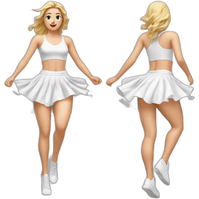 hyperrealistic-full-body-caucasian-curvy-beauty-jumping-small white-skirt-back-and-front-views-strong-wind-knickers emoji