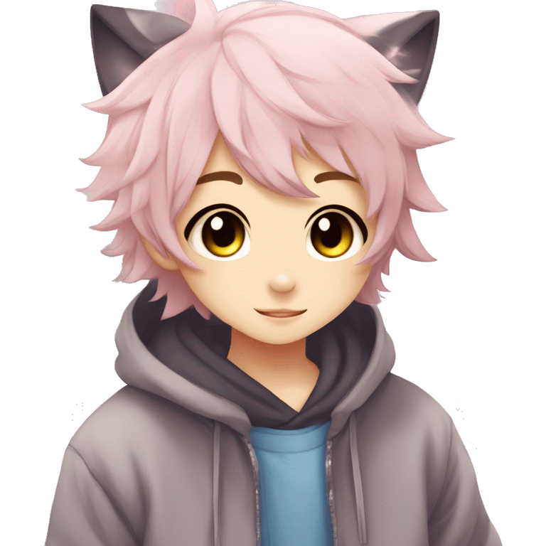 Cute Kawaii Beautiful Gorgeous Sparkly Shiny Blushing Anime Style Shojo Catboy With Pretty Hair And Hoodie Trendy Style Outside emoji