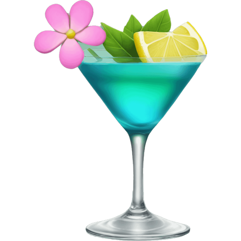 Blue/green cocktail with pink flowers and lemon emoji