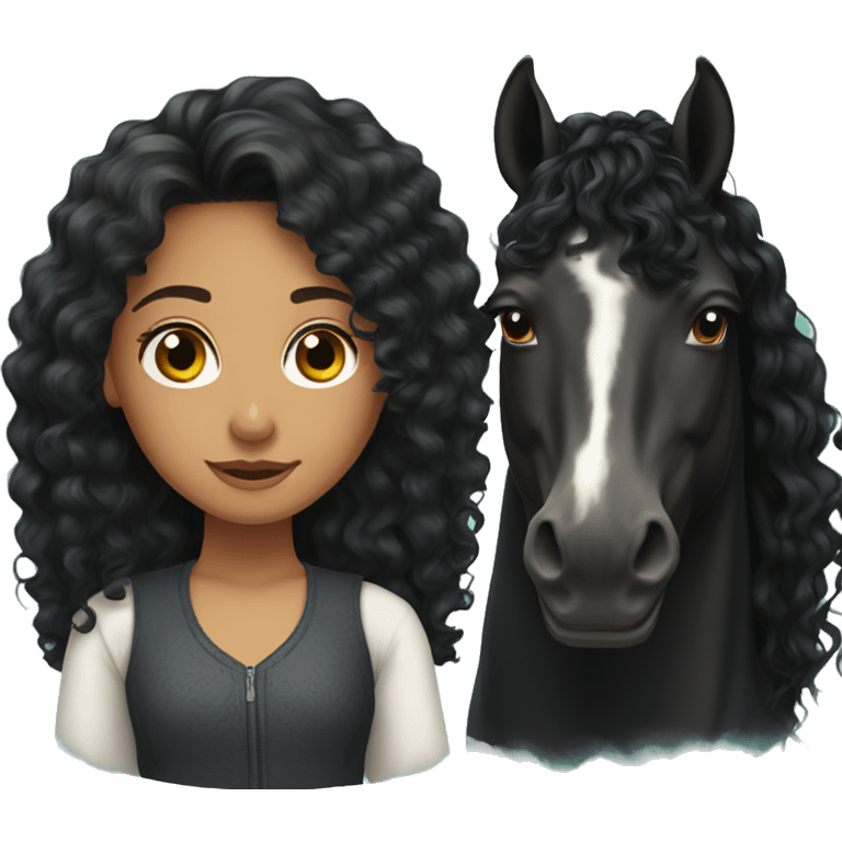  girl, long black curly hair, next to a black spanish horse emoji