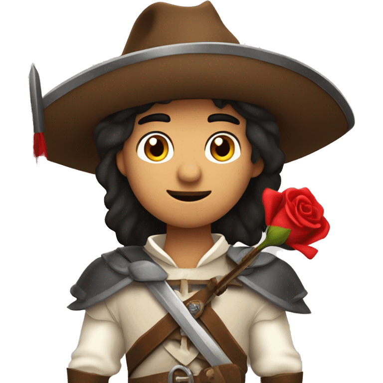 canela skin boy dark hair musketeer with hat and red rose shoulder medieval cape and sword and red feathers in the hat emoji