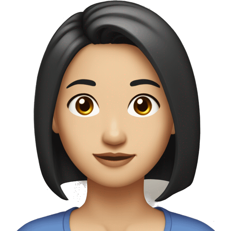 A head and shoulders shot of a 33 year old Asian woman, with straight black hair,   with brown eyes wearing a t-shirt. emoji