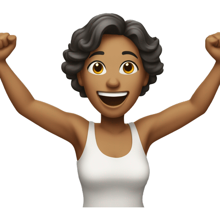 A woman with her arms raised and a wide smile emoji