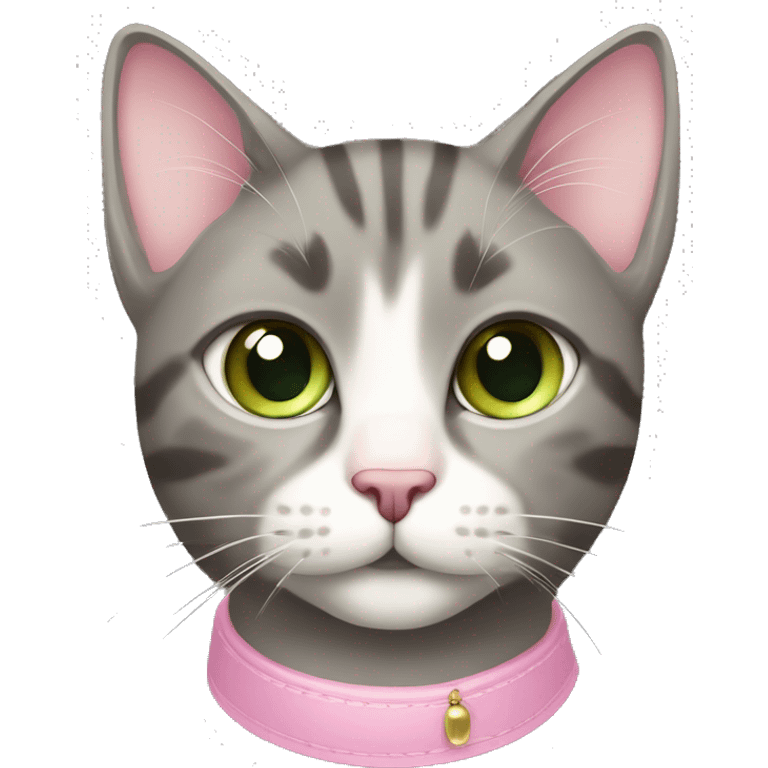 grey and tan cat with cream pattern on her forehead. Pink collar with pink bell.  Green eyes and a pink nose emoji