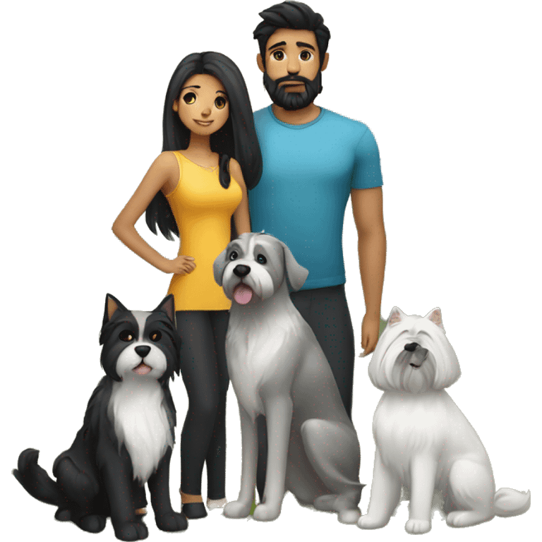 Family girl with black long hair, boy with black beard, british cat gold shinshilla and dog schnauzer  emoji