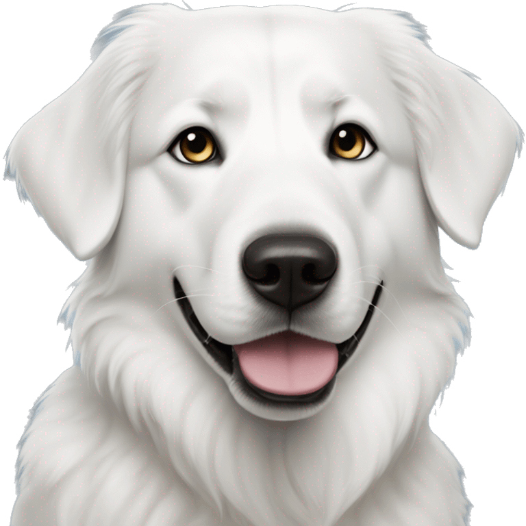 All White Great Pyrenees mix dog with bright blue eyes, black nose and black around right eye emoji