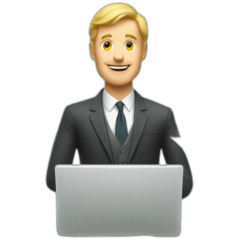 Rich white man with laptop and dollars flying around emoji