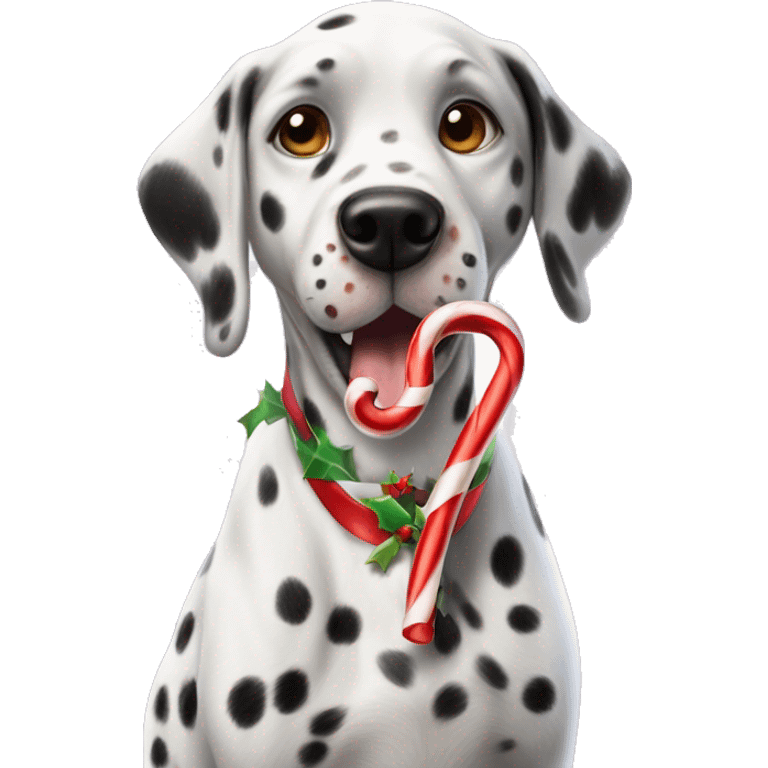 A Dalmatian with brown spots holds a caramel Christmas candy cane in his teeth emoji