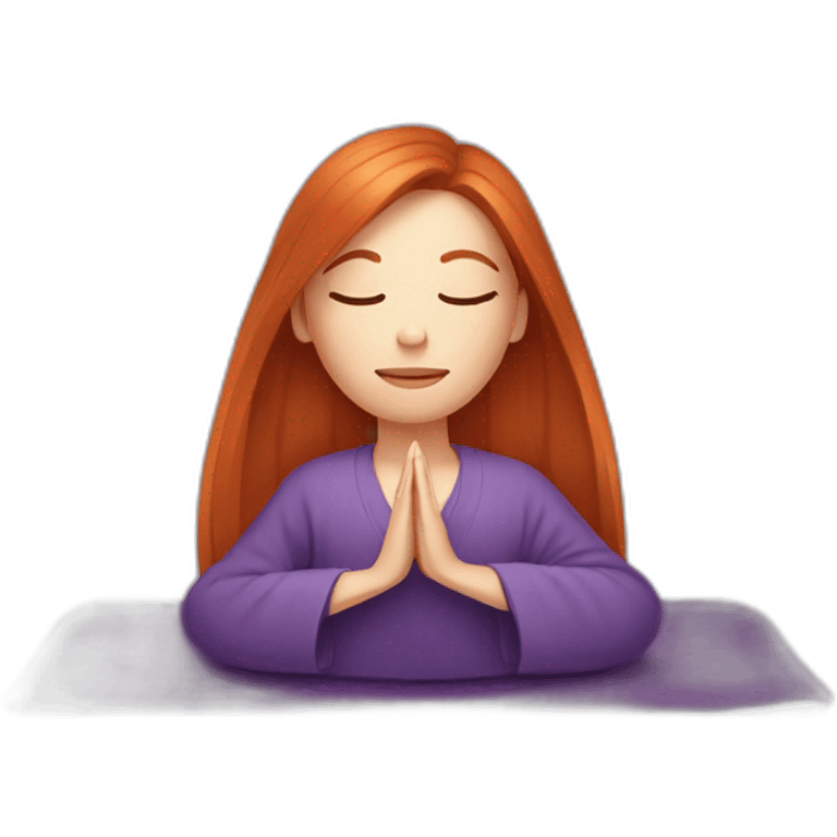 redhead white woman long medium straight hair, meditating on a violet blanket emoji