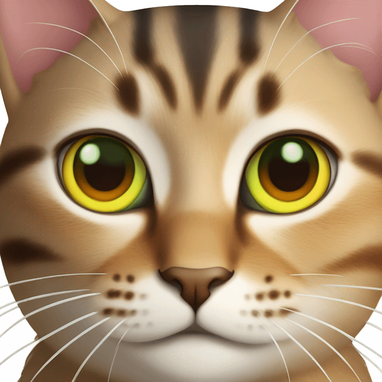 Cat with split color face (orange and brown) with yellow-green eyes  emoji