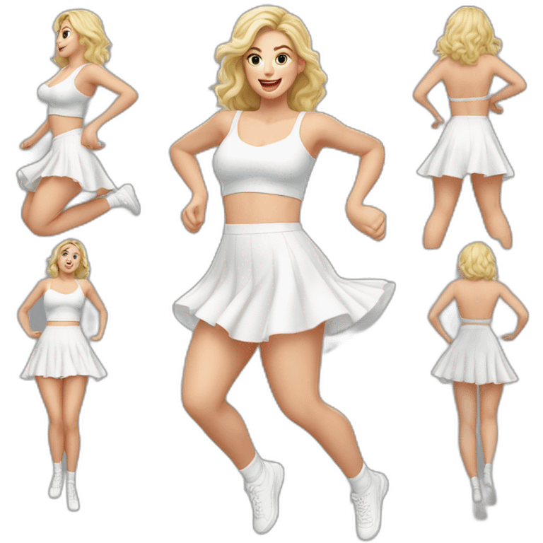 Hyperrealistic Full body Caucasian curvy beauty jumping short white skirt back and front views strong wind knickers long white socks emoji