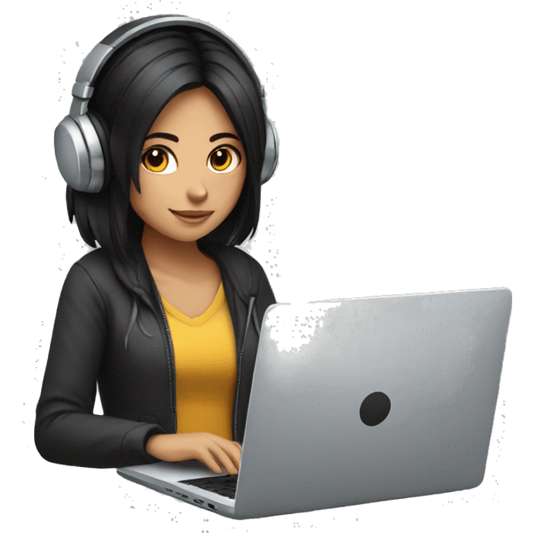 girl with black hair working on laptop with headphones emoji